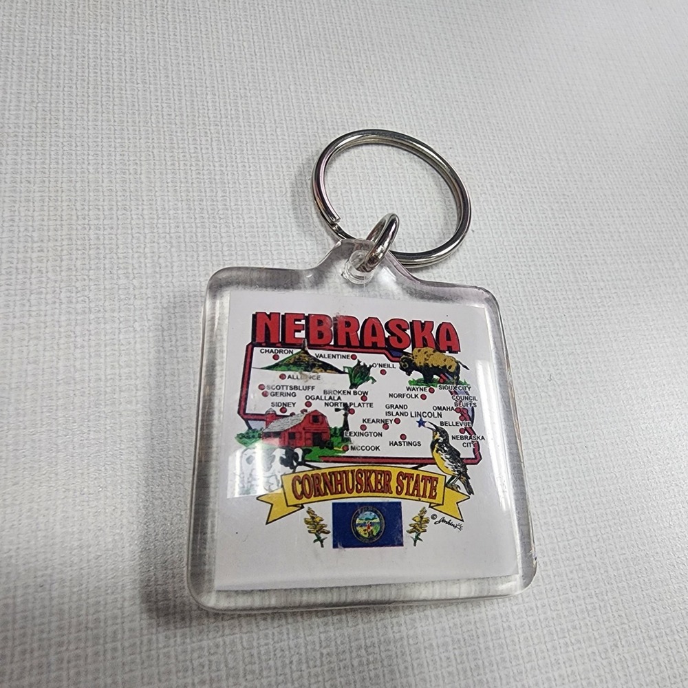 Vintage Nebraska Cornhusker State Square Lucite Keychain Key Ring Collectible